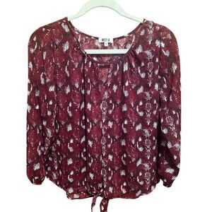 West K‎ Burgundy Abstract Print Tie Front Long Sleeve Blouse Size S
